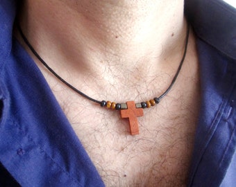 Collier corde croix bois pour homme, tour du cou cordon coton, bijoux religieux, collier croix marron, cadeau pour lui, collier catholique