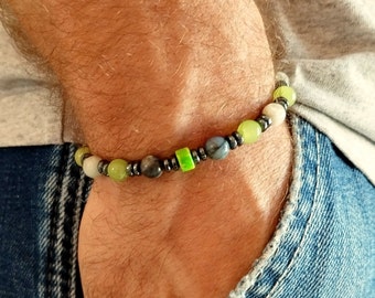 Pulsera cuentas piedras hombre, brazalete piedra verde, regalo para él, joyería italiana, pulsera ónix, brazalete jaspe