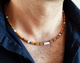 Beaded Wood Necklace for Men: Boho Agate Stone Jewelry