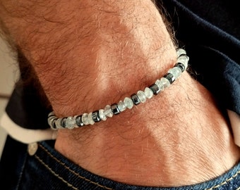 Bracciale pietra acquamarina naturale uomo, bracciale perline pietre preziose, regalo per lui, gioielli acquamarina, bracciale celeste nero