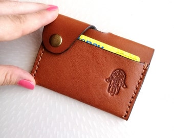 Porte cartes Hamsa, porte-carte cuir marron, portefeuille poche, porte-cartes de crédit, cadeau hamsa, pochette cuir, cadeau main fatima
