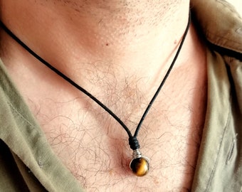 Tiger Eye Stone Pendant: Wire Wrapped Unisex Necklace