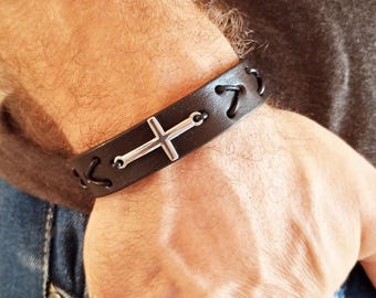 Men's Leather Cross Bracelet: Stainless Steel Religious Jewelry