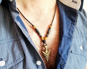 Collar lanza bronce, colgante punta de flecha hombre, collar cordón cuero, joyería étnica, regalo para él