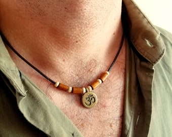 Bronze Om Pendant Necklace: Leather Cord Yoga Choker