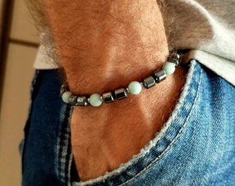 Bracciale perline amazzonite uomo, bracciale ematite nera, regalo per lui, bracciale pietre dure, bracciale nero azzurro