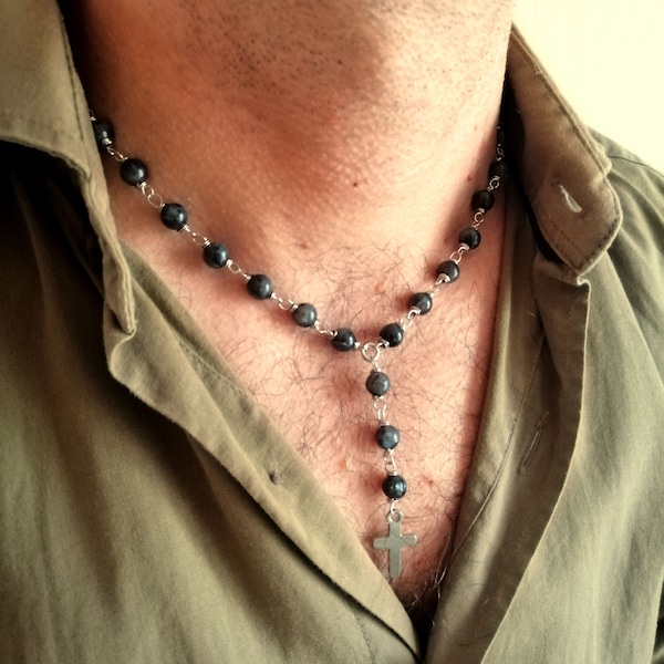 Black Labradorite Rosary Necklace: Stainless Steel Cross Pendant