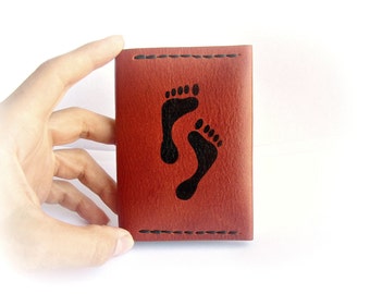 Pocket wallet leather, footprints gift, leather purse, card holder, orange black, snap front wallet, leather gift