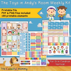May include: A printable weekly planner kit featuring characters from the Toy Story movie franchise. The kit includes 188 printable elements, including stickers, boxes, and banners. The planner is designed for use with Erin Condren vertical planners.