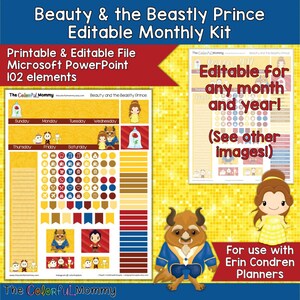 Beauty & the Beastly Prince EDITABLE Monthly Planner Sticker Kit | use with Erin Condren Planner| PowerPoint | Printable | Fairy tale