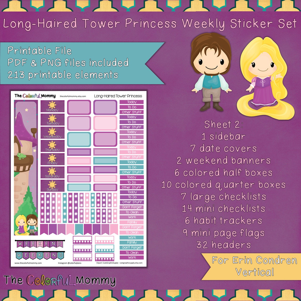 Long-haired Tower Princess Weekly Planner Sticker Kit for Use With Erin ...