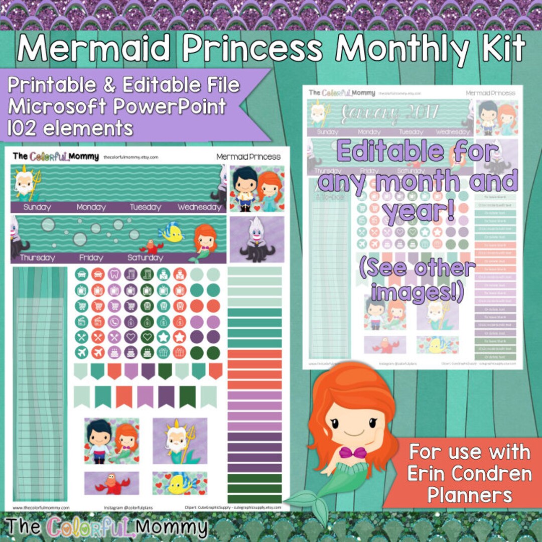 Mermaid Princess EDITABLE Monthly Planner Sticker Kit | Use With Erin ...