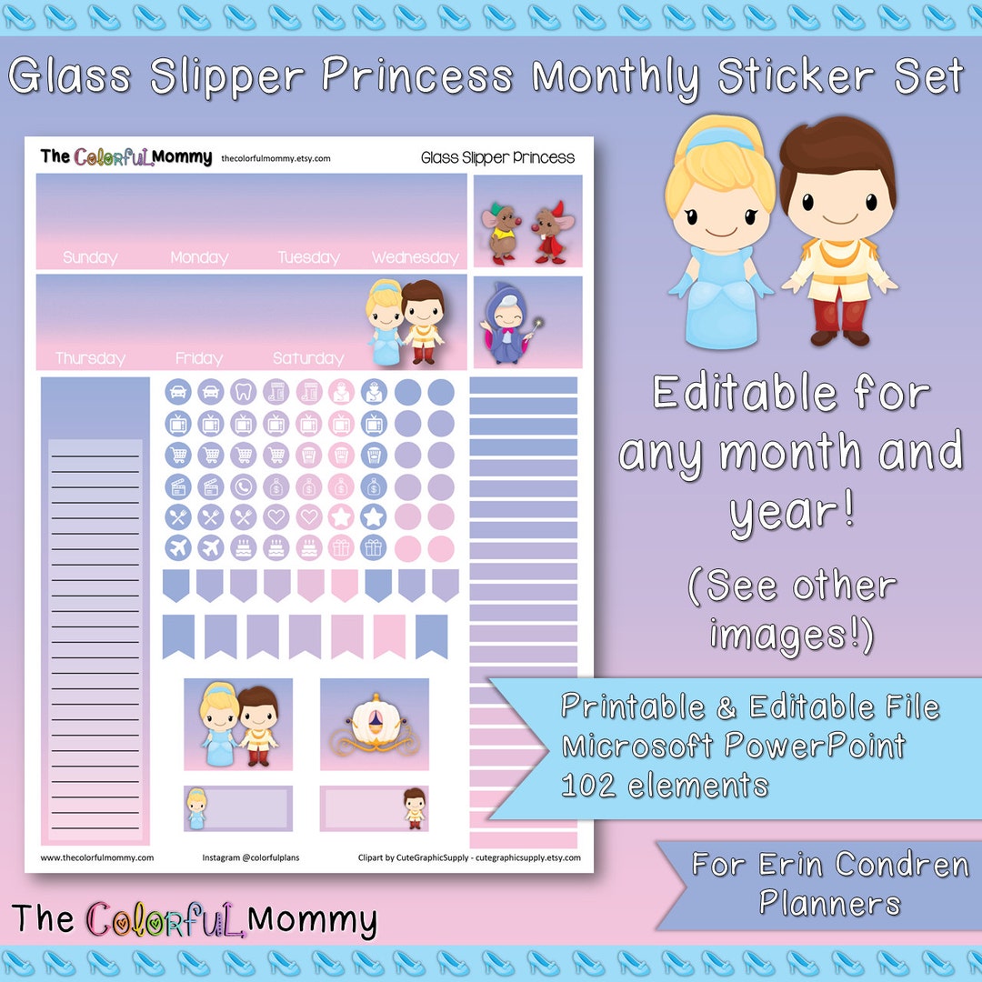 Glass Slipper Princess EDITABLE Monthly Planner Sticker Kit | Use With ...
