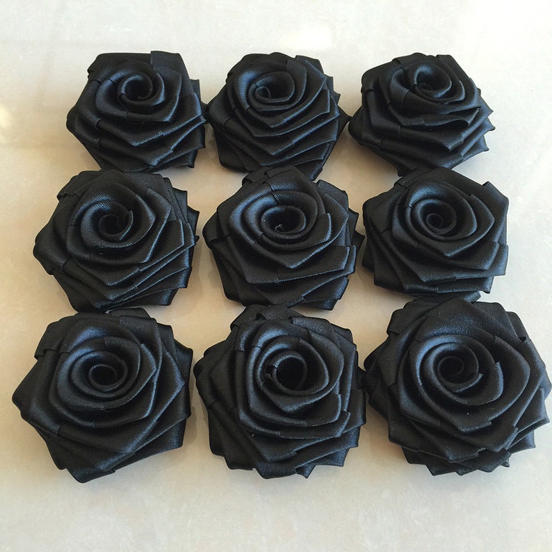 Black Satin Ribbon Rolled Rose 2.5 Floral Embellishment Satin Rosette Wholesale Flower fabric flower