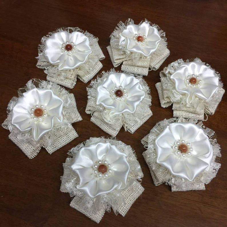 3vintage Flowers Ivory Burlap Flowers Shabby Chic Fabric Etsy