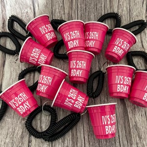 12 Hot Pink Shot Cups with Bracelets, 2 Ounce Shot Cups with Wristlet, Bracelet Keychain, 12 Personalized Shot Cups, Bachelorette Party