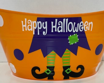 Personalized Halloween Tub, Witches Feet Tub, Candy Tub, Halloween, Plastic Oval Tub, Halloween Decoration