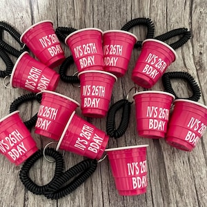 12 Hot Pink Shot Cups with Bracelet Keychain: Personalized Bachelorette Party Favors, Birthday Shots