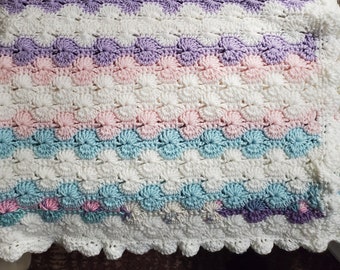 Crochet Afghan, Crochet Blanket, Blanket, Ivory, Purple, Pink Handmade, lap blanket, Blanket, OOAK, FREE Priority SHIPPING