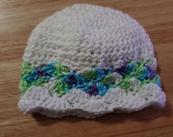 Baby Beanie Hat, Baby Bonnet, 0-3 month, Baby Girl Hat, Baby Hat, Crochet Hat, Beanie, white, green/teal/purple stripe