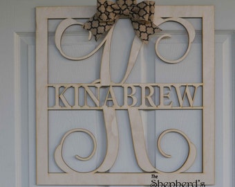 Wooden monogram wall hanging-Family name-Personalized-Wedding or Birthday Gift-Door Wreath Monogram-Front Door Decor-Natural unpainted