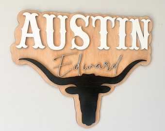 Steer head wood name sign|Western Nursery Name Sign|above crib name sign| layered name sign|cutout name|boy name sign| Longhorn| Bull