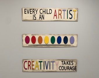 Every Child is An Artist | Creativity Takes Courage | Paint Palette |Set of 3 | Kids Room Decor | Playroom Decor | Art Room Sign | Kids Sign