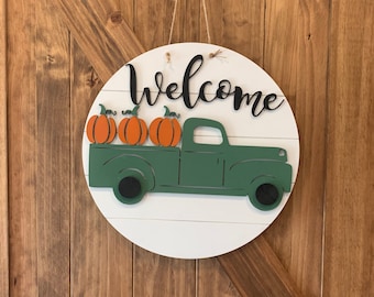 Fall truck Welcome Door Hanger | Fall Wreath | Wood| Front door | Pumpkin Door Hanger |Gift| Fall Sign | Fall Door hanger| Fall Decor