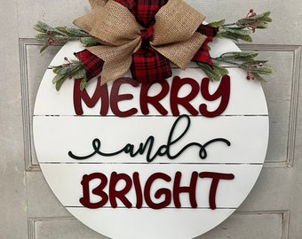 Merry and bright Door Hanger |Christmas door sign Christmas wreath Front door |Holiday Door Hanger | Gift | Christmas Sign | Christmas Tree|