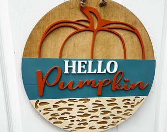 Hello Pumpkin Leopard print Door Hanger|Fall Door Wreath | Personalized | Pumpkin Door Hanger | Gift | Fall Sign | Fall Wreath | Fall Decor