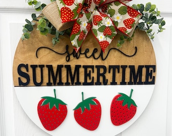 Strawberry Summer Door Wreath sweet summertime Hello Summer Front door Wreath| Personalized wooden Door sign for Front door Door Hanger Gift