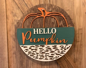 Hello Pumpkin Door Hanger|Fall Door Wreath | Personalized | Pumpkin Door Hanger | Gift | Fall Sign | Fall Wreath | Fall Decor| Leopard