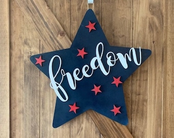 Patriotic Door wreath| Memorial Day Wreath| Freedom Star Wood Door Hanger | Front Door Decor | Patriotic Wall Sign | 4th of July wreath