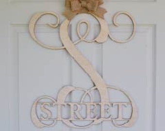 Wooden monogram wall hanging-Family name-Personalized-Wedding or Birthday Gift-Door wreath monogram-Available in 3 sizes-Natural unpainted