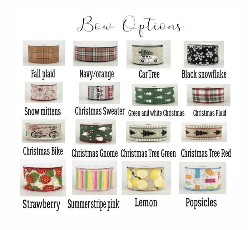 May include: A selection of ribbon options for gift wrapping, including fall plaid, navy and orange plaid, car tree, black snowflake, snow mittens, Christmas sweater, green and white Christmas, Christmas plaid, Christmas bike, Christmas gnome, Christmas tree green, Christmas tree red, strawberry, summer stripe pink, lemon, and popsicles.