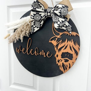 highland cow front door wreath Highland Cow Door sign Aztec western Personalized Front door Door Hanger | Wreath | House Warming Gift |