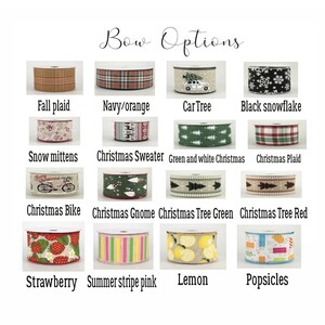 May include: A collection of 12 different ribbon designs for bows. The ribbons feature various patterns, including plaid, snowflakes, Christmas trees, and fruit. The text "Bow Options" is at the top of the image.