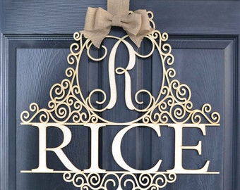 Wooden monogram wall hanging-Family name-Personalized-Wedding or Birthday Gift-Door wreath monogram-Available in 3 sizes-Natural unpainted