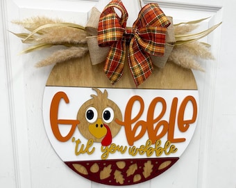 Thanksgiving front door decor| Turkey door sign| Gobble | Happy Thanksgiving| Personalized | Fall Door Hanger Fall Sign | Fall Wreath