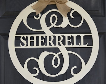 Wooden monogram wall hanging-Family name-Personalized-Wedding or Birthday Gift-Door wreath monogram-Available in 3 sizes-Natural unpainted