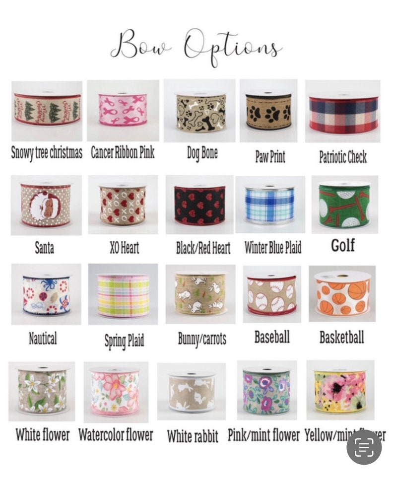 May include: A chart of 15 different ribbon designs for bows. The ribbons feature various patterns, including a snowy tree Christmas design, a cancer ribbon, a dog bone, a paw print, a patriotic check, Santa, an XO heart, a black and red heart, a winter blue plaid, golf, nautical, spring plaid, a bunny and carrots, baseball, basketball, a white flower, a watercolor flower, a white rabbit, a pink and mint flower, and a yellow and mint flower.