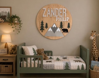 Woodland Theme Nursery Name Sign Bear Nursery Sign round name sign Mountain Nursery Toddler Sign | Nursery Decor | Name Sign| Baby shower