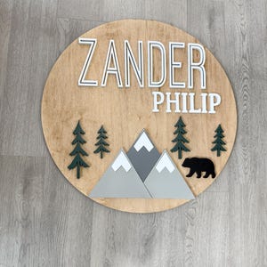 Woodland Theme Nursery Name Sign Bear Nursery Sign round name sign Mountain Nursery Toddler Sign | Nursery Decor | Name Sign| Baby shower