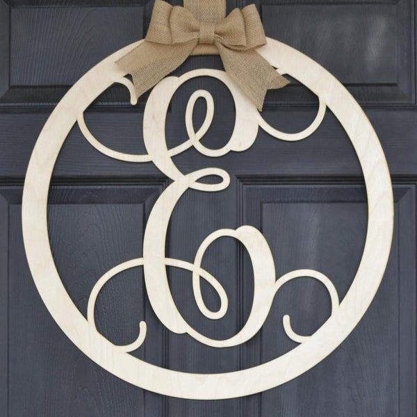 Wooden monogram wall hanging-Family name-Personalized-Wedding or Birthday Gift-Door wreath monogram-Available in 3 sizes-Natural unpainted