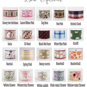 May include: A chart displaying 20 different ribbon designs for bows. The ribbons feature a variety of patterns, including Christmas trees, hearts, plaid, flowers, animals, and sports themes.