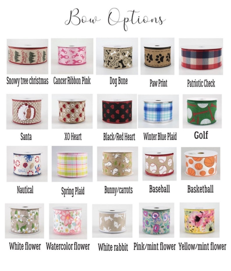 May include: A chart displaying 20 different ribbon designs for bows. The ribbons feature a variety of patterns, including Christmas trees, hearts, plaid, flowers, animals, and sports themes.