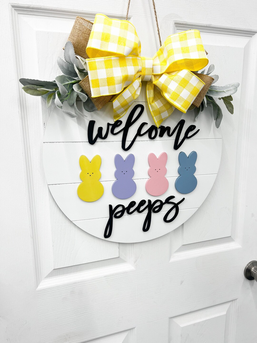Easter Door Sign Welcome Peeps Spring Wreath Easter Spring Door Hanger ...