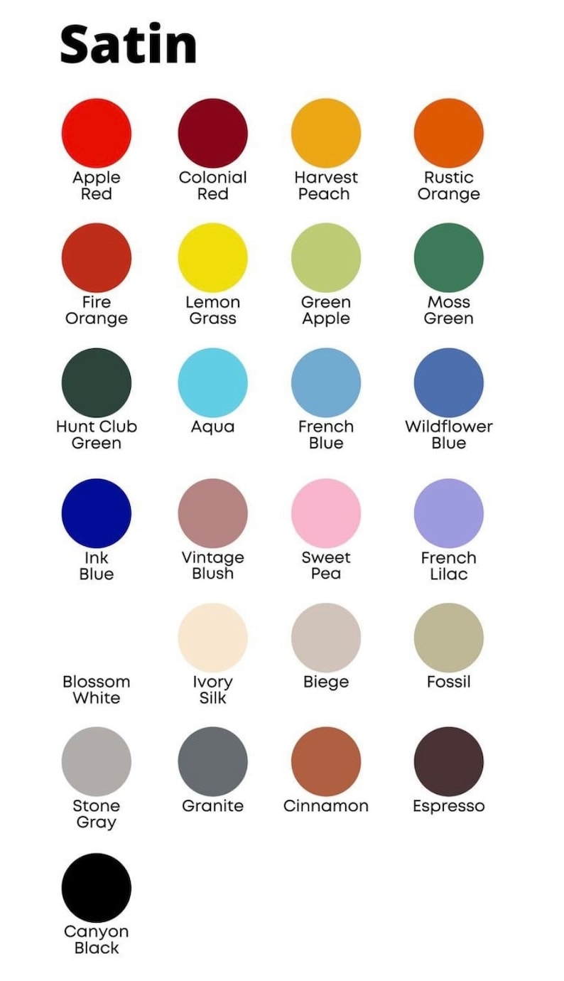 May include: A colour chart displaying 18 different paint colours with their names. The colours are arranged in rows and columns. The colours include Apple Red, Colonial Red, Harvest Peach, Rustic Orange, Fire Orange, Lemon Grass, Green Apple, Moss Green, Hunt Club Green, Aqua, French Blue, Wildflower Blue, Ink Blue, Vintage Blush, Sweet Pea, French Lilac, Blossom White, Ivory Silk, Beige, Fossil, Stone Grey, Granite, Cinnamon, and Espresso. The chart also includes a black circle labelled Canyon Black.