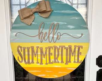 Hello Summertime Door Wreath | Summer Door Hanger | Wood Decor | Outdoor Decor | Front door | Porch Decor | Gift | Hello Summer Sign