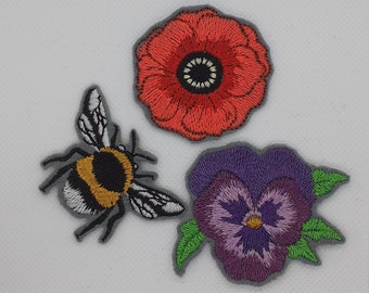 bee and flower patches, Iron on or sew on patches. bumble bee patch. Appliques. decoration for clothes bags.